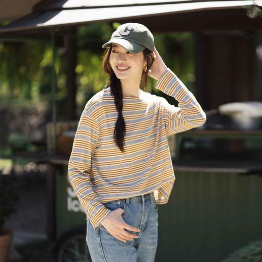 特绽放140朵/一字T*汉麻棉一字肩条纹长袖打底T恤女新款宽松上衣 商品图0