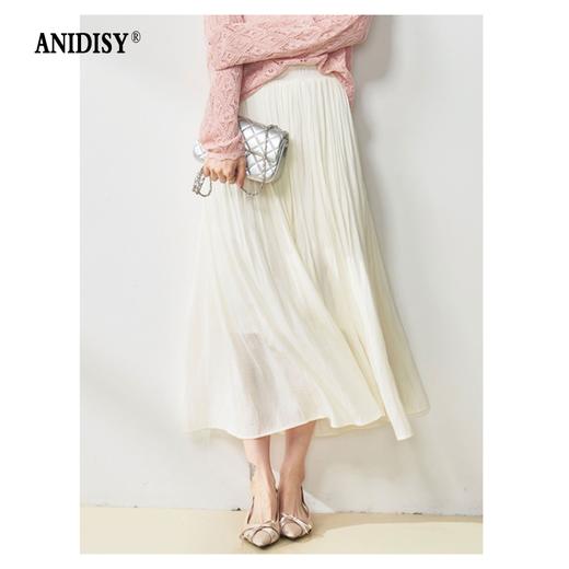 高腰松紧腰珠光丝质绸缎百褶大摆A字半身裙 商品图0