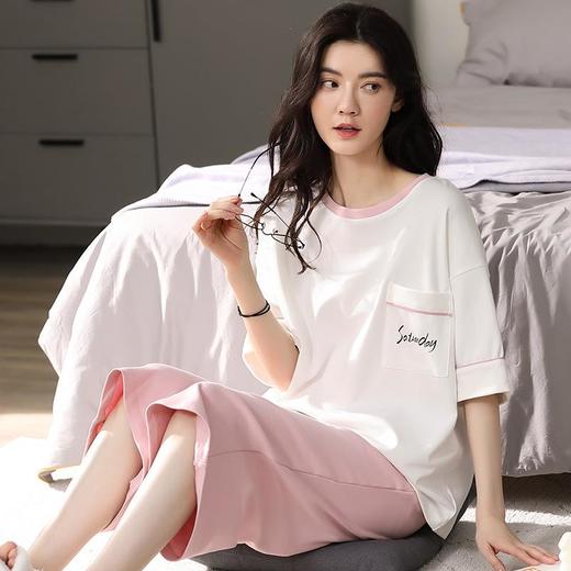 睡衣女夏纯棉季新款短袖七分裤简约韩版宽松家居服可外穿套装M-2XL 商品图1