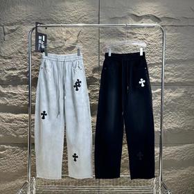 F032517不规则分布十字贴布风格侧排十字架休闲长裤卫裤