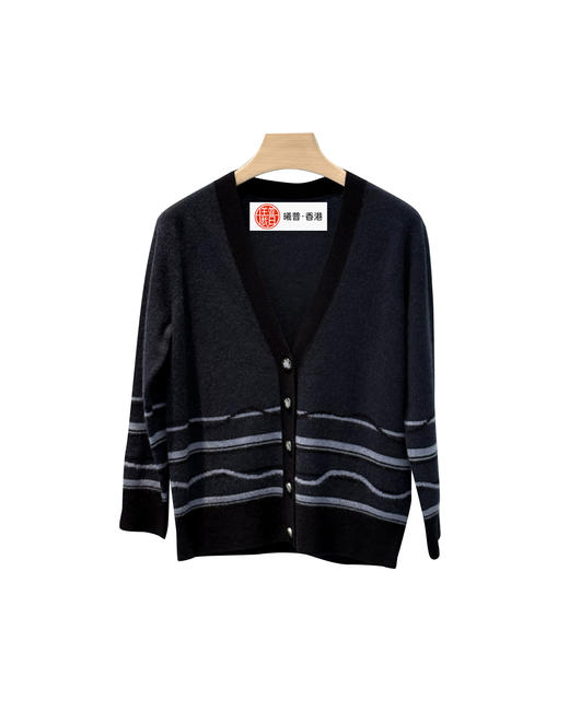 女款V领条纹刺绣羊绒针织开衫毛衣hu 商品图0