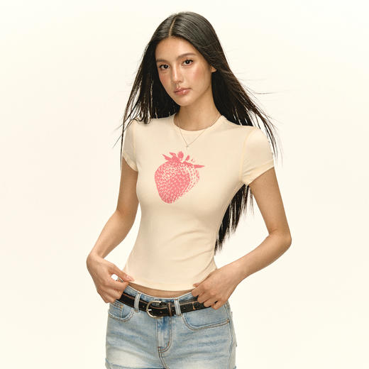 Ariseism 美式复古草莓印花短袖T恤女夏季新款修身上衣 商品图1