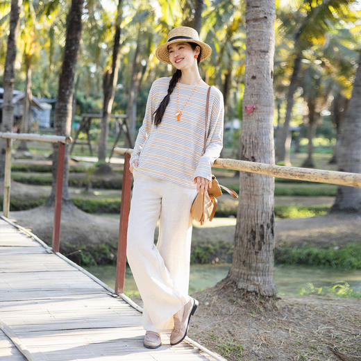特绽放140朵/一字T*汉麻棉一字肩条纹长袖打底T恤女新款宽松上衣 商品图3
