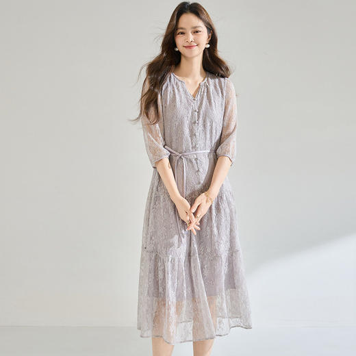 「高货sh」全新升级【铂金会员367/天猫489/差价122】(04247)洛诗琳2026春夏新款优雅法式亮片蕾丝7分袖收腰蛋糕连衣裙 商品图3