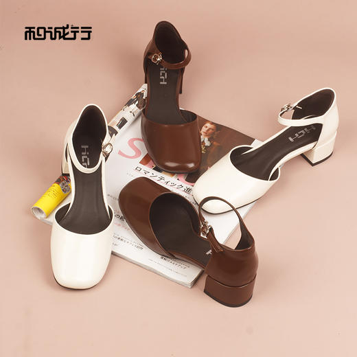 和诚行2026夏季新款方头粗跟一字扣带时尚百搭中空单鞋1830061 商品图0