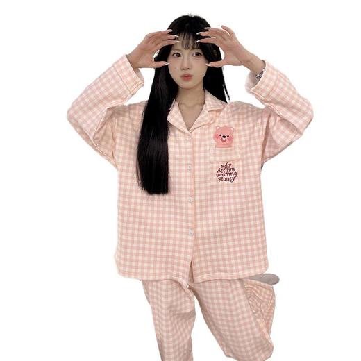 新款少女带胸垫睡衣春秋季长袖长裤开衫翻领家居服套装防凸点夏季M-3XL★娃娃优选 商品图4