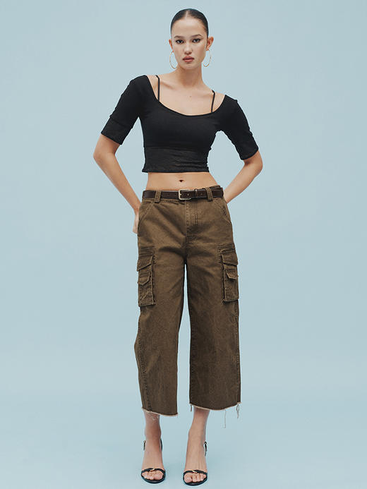 TR她热 街拍现场 棕色水洗做旧毛边复古松弛口袋工装七分牛仔裤 商品图1