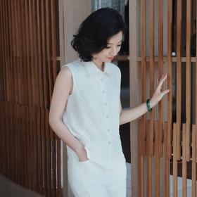 西子/凌霄花经典气质重工蕾丝翻领白色无袖上衣/SYTJ0894