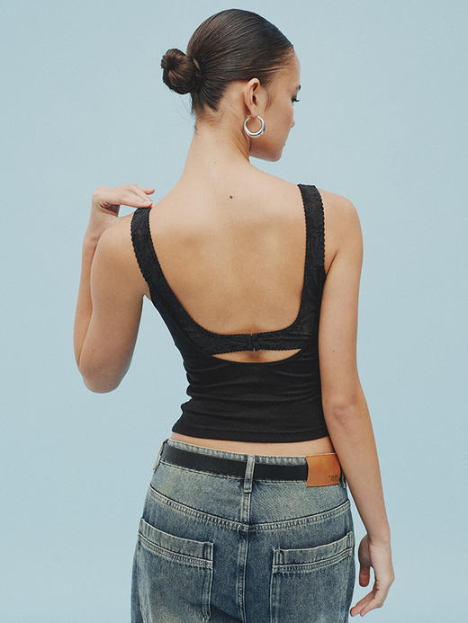 TR她热 时尚心机 黑色蕾丝拼接天丝羊毛带胸垫百搭基础露背背心吊带 商品图0