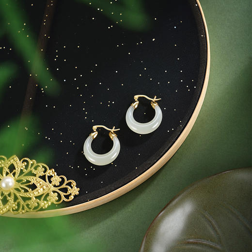 子佩集【‌月华静好】银S925耳环【EJ00220】古法银和田玉镀金半环圆环2602 商品图2