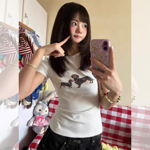 西遇腊肠狗印花短袖T恤女2026年夏季新款圆领正肩短款白色上衣SS060254 商品图0