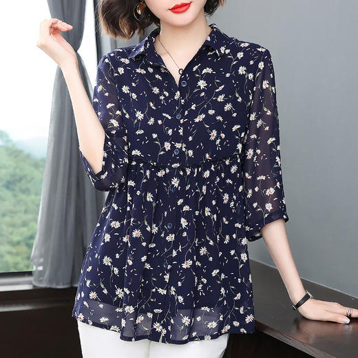 中袖雪纺衫女夏季2026年新款碎花女装上衣中年妈妈七分袖衬衫宽松 商品图0
