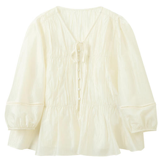 【醋酸】三彩2026夏季新款褶皱小衫V领灯笼袖上衣优雅S 商品图4