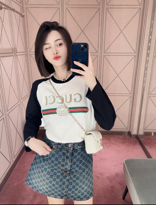 古驰 黑白撞色复古织带印花短袖T恤 商品图0