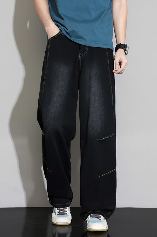 【DYF】大依优型大码男装春季阔腿牛仔长裤潮流显瘦直筒棉质长裤 商品图5