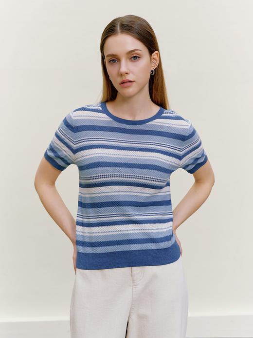 【蓝白条纹针织套衫】26年春夏新品女士棉桑蚕丝亚麻混纺圆领短袖上衣 商品图0