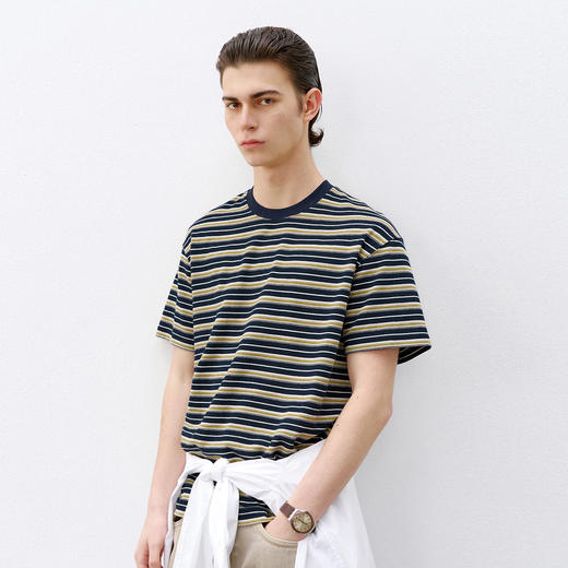 714street微宽松落肩拼接撞色圆领短袖2026夏季美式复古条纹T恤男 商品图0