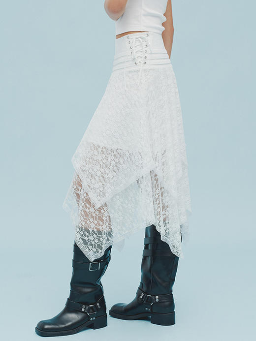 TR她热 自在摇摆 白色微透蕾丝碎花绑带度假设计感不规则半裙 商品图0