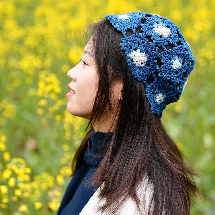 【林栖设计小店】（预售3天发货）东阳手工蓝染钩花套头帽子