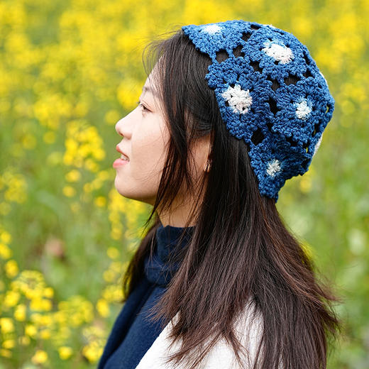 【林栖设计小店】（预售3天发货）东阳手工蓝染钩花套头帽子 商品图0