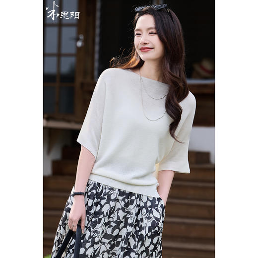 【预售7天】夏日慵懒风针织衫 天丝亚麻混纺 抬手就显气质~ 米思阳2026春夏新款短袖T恤女七分袖宽松显瘦上衣女1036 商品图3