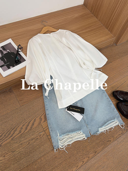专柜实拍【商场同款！】拉夏贝尔/La Chapelle极简圆领泡泡袖抽绳后背拉链全棉短袖衬衣百搭纯色上衣 商品图5