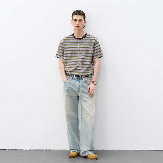 714street微宽松落肩拼接撞色圆领短袖2026夏季美式复古条纹T恤男 商品图3