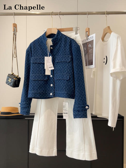 天猫同步【老钱调调~】拉夏贝尔/La Chapelle简约设计立领排扣肌理感小香外套百搭个性牛仔夹克上衣 商品图6
