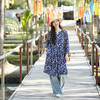 绽放124朵/如风*亚麻小V领腰部碎褶大裙摆加抽绳长袖中长款连衣裙 商品缩略图1
