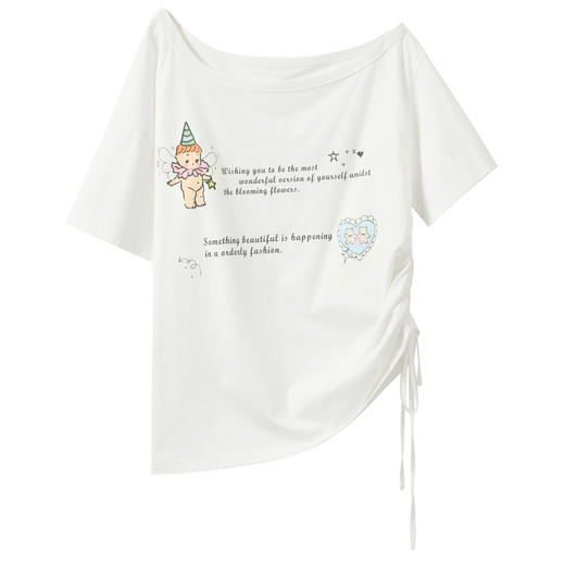 三彩独醒2026夏季新款字母印花露肩斜领T恤甜酷宽松短袖套头衫F 商品图4