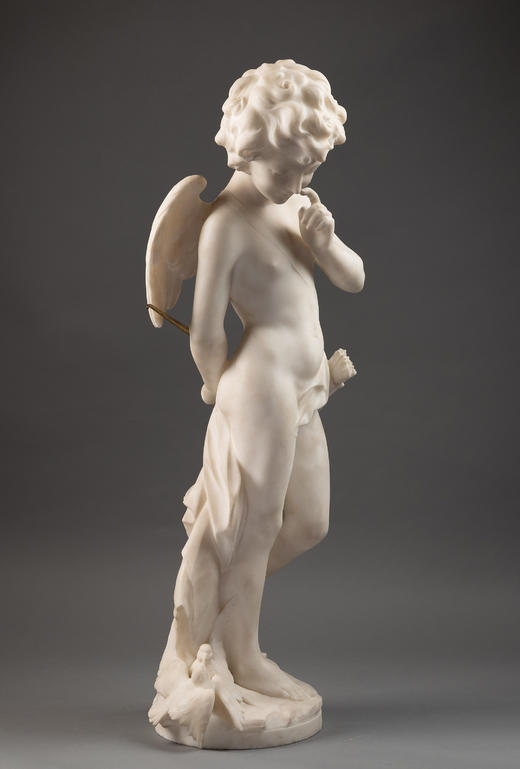 独角鹿西洋古董1907年法国雕塑家E. Thivier签名白色大理石精雕人物雕塑《沉思的小爱神》 商品图1