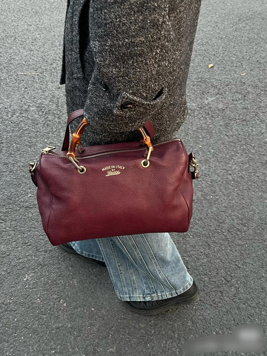 Gucci 竹节 酒红 牛皮 手提 斜挎包 商品图3