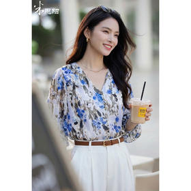 米思阳2026夏季法式优雅印花衬衫V领宽松袖直筒衬衣女4277