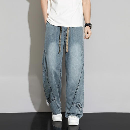 【DYF】大依优型大码男装春季天丝莱赛尔阔腿牛仔裤垂顺版松紧腰直筒长裤 商品图3