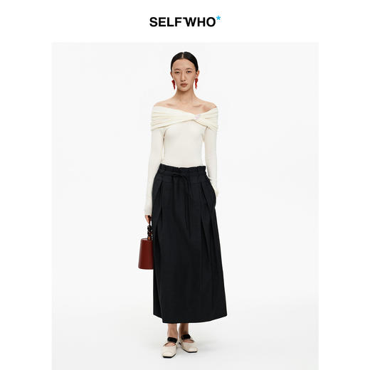 SELFWHO绵羊毛混纺宽腰头抽绳包臀半身裙女2026夏新款收腰A摆半裙 商品图1