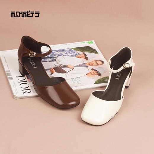 和诚行2026夏季新款方头粗跟一字扣带时尚百搭中空单鞋1830061 商品图1