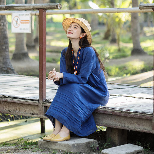 绽放146朵/褶褶裙*亚麻拼接长裙手工捏褶新款长袖木耳边V领连衣裙 商品图2