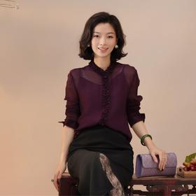 西子/塞纳花房铜氨丝双层花边门襟薄纱配吊带紫红衬衣/CSYF0628