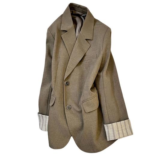 【清风外衣】卡其色袖口条纹西装外套！女2026春秋季新款韩版气质小众设计感西服！ 商品图4