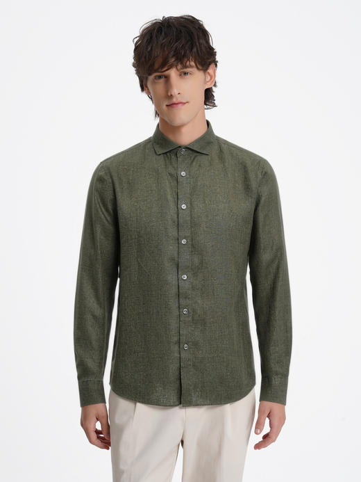 callisto绿色亚麻一字领休闲衬衫 商品图2