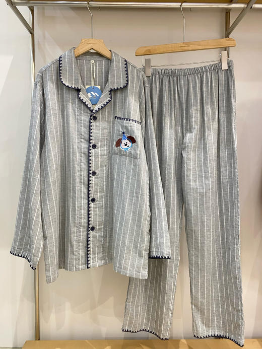 松植屋情侣款【真诚】全棉竖条纹长袖纱布睡衣套装男女款家居服 商品图3