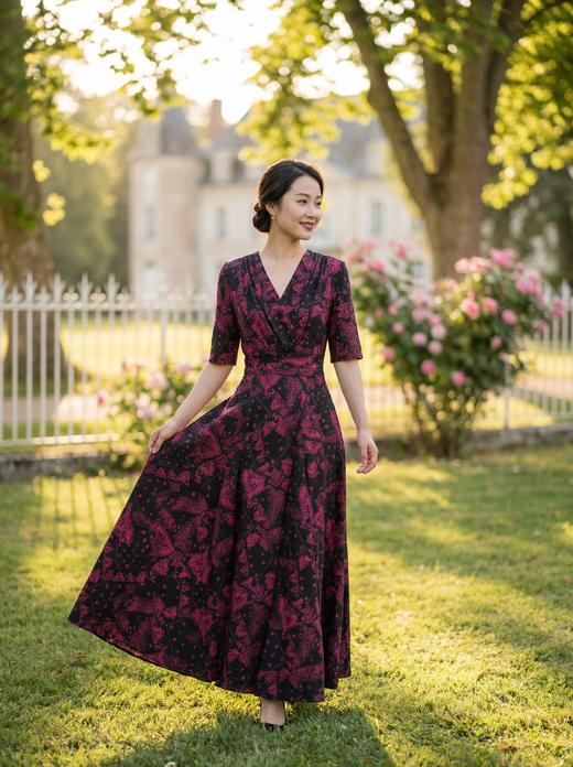 SC2S57_杨妃色_连衣裙_春夏_V 领收腰印花显瘦大摆长裙_高级女装_BERNIEELEN伯妮斯茵 商品图3