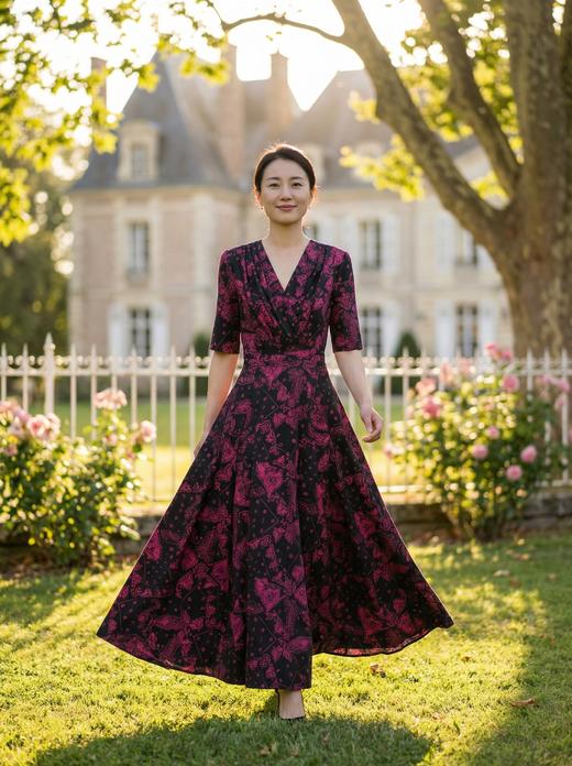 SC2S57_杨妃色_连衣裙_春夏_V 领收腰印花显瘦大摆长裙_高级女装_BERNIEELEN伯妮斯茵 商品图1