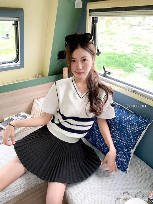 <曾小咸推荐>3.26现货秒杀 ！微信超特价！撞色条纹拼接假两件针织短袖 日常129.99 立减70 秒杀59.99！！ 商品图8