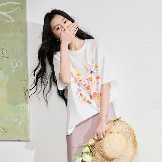 三彩2026夏季新款圆领印花T恤落肩袖宽松上衣套头休闲S 商品图1