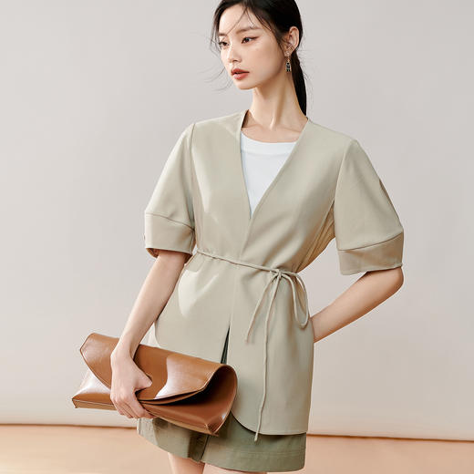 夏季新款通勤OL短袖拼接外套简约绑带灯笼袖宽松上衣8T23BW0440 商品图1
