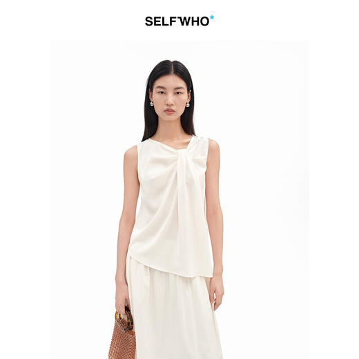 SELFWHO桑蚕丝混纺不规则捏褶装饰无袖背心女2026夏新款套头上衣 商品图0