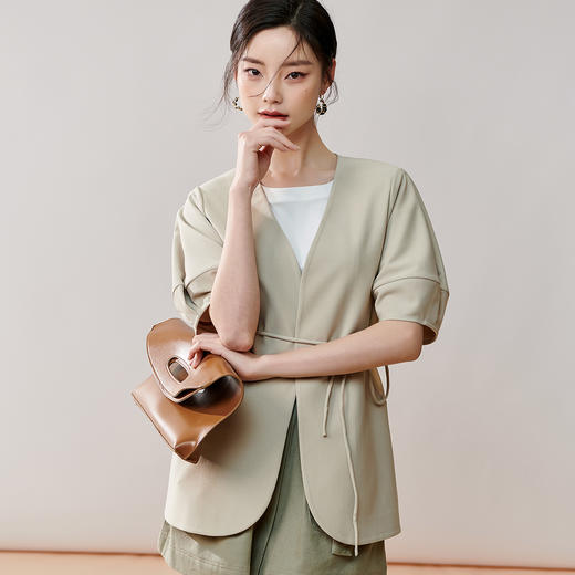 夏季新款通勤OL短袖拼接外套简约绑带灯笼袖宽松上衣8T23BW0440 商品图2