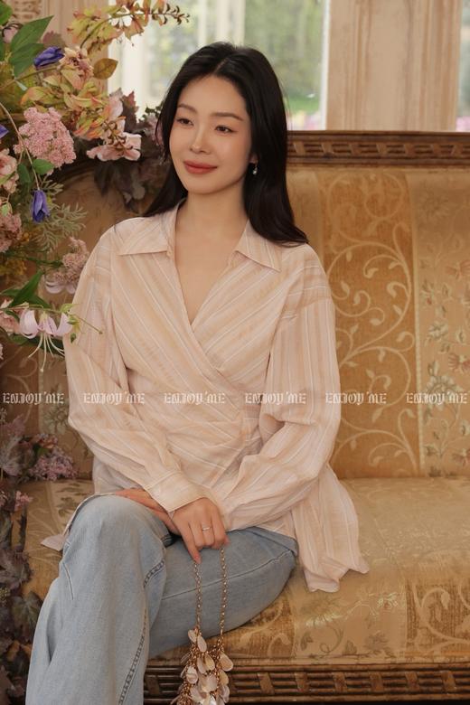 【门店同款】ENJOY夏季三文鱼色条纹绑带衬衫 170643818 商品图2