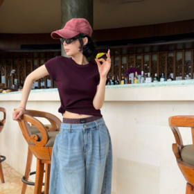 100%棉设计感水洗撞色拼接双腰头弯刀直筒牛仔裤S88129